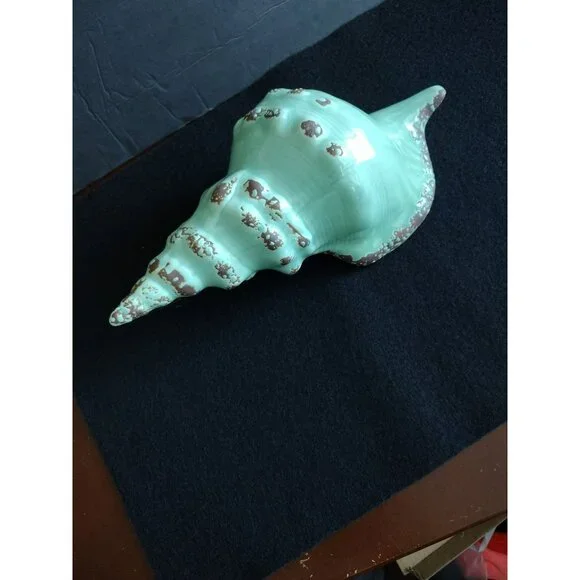 Ceramic Seashell Glazed Conch Shell Beach Ocean 10" Sea Green Sculpture Figurine